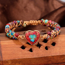 Sea Sediment Jasper Heart Bracelet Handmade Braided Healing Stone Gift for Women