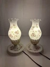 VTG Pair Of Milk Glass Hurricane Table Lamps Floral Flowers W/Trinket Tray