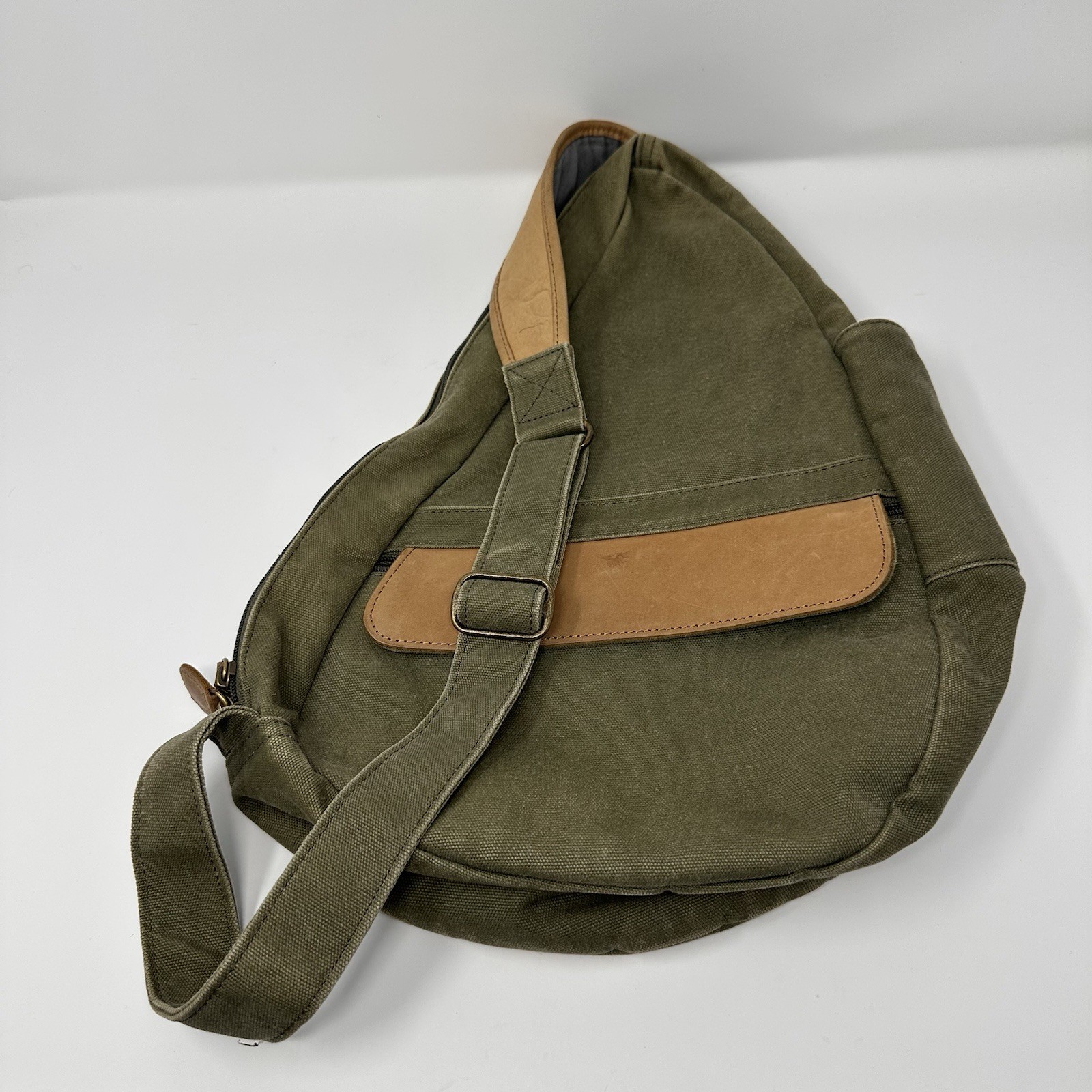 Vintage LL Bean Sling Bag Ameribag Olive Green Canvas Leather Crossbody Satchel
