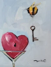 Surrealist Heart Key & Lock PRINT by Artist Jose Trujillo 16x20 Light Blue Color
