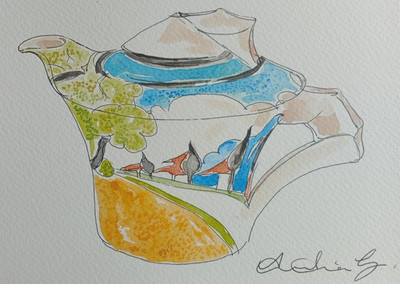 Clarice Cliff May Avenue Narzisse Aquarellmalerei Art Deco Teekanne Teekanne
