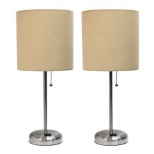 LC2001-TAN-2PK Brushed Steel Stick Table Lamp Set with Charging Outlet and Ta...