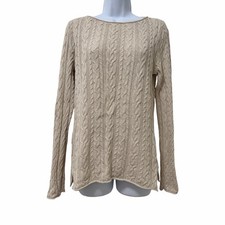 Ralph Lauren Womens Round Neck Cable Knit Sweater Size M Ivory Preppy Classic