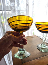 Vtg Italian Art Deco Hand Blown Amber Swirl Margarita Glasses