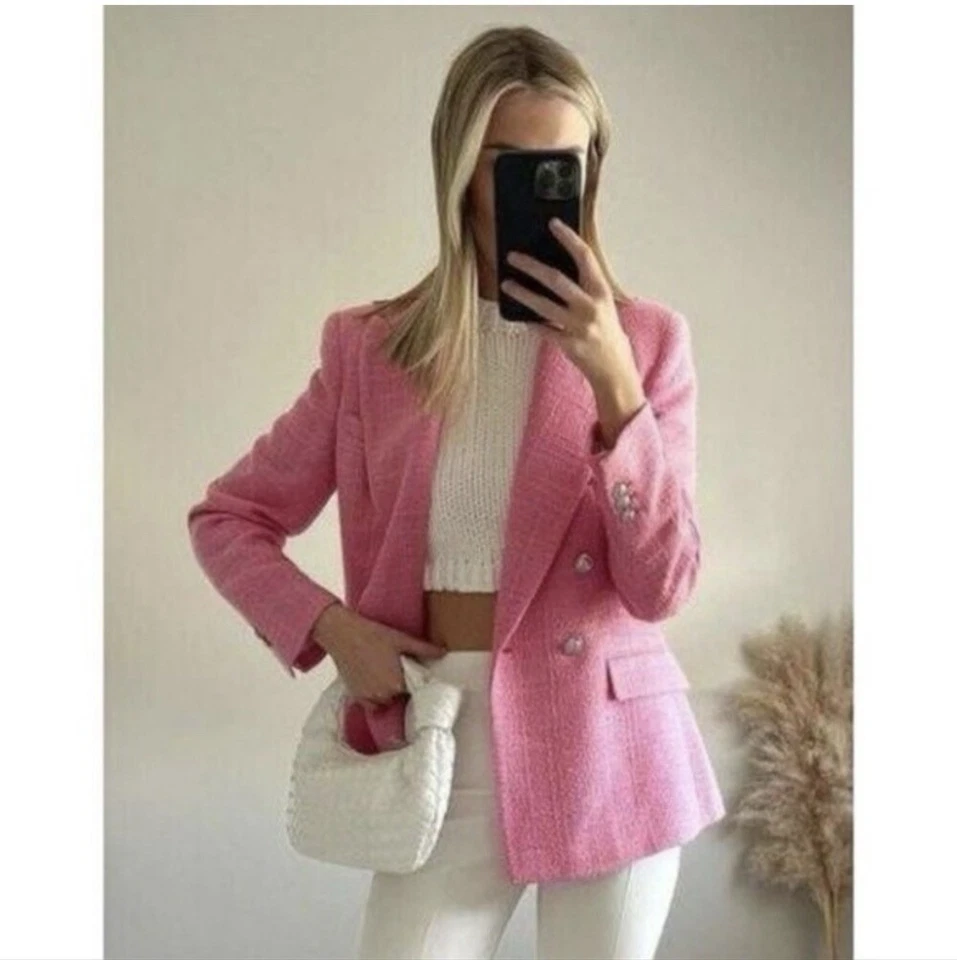 ZARA TEXTURED TWEED PINK BLOGGERS FAVE BLAZER JACKET TEXTURED WEAVE SILVER BTN - Image 4 of 4