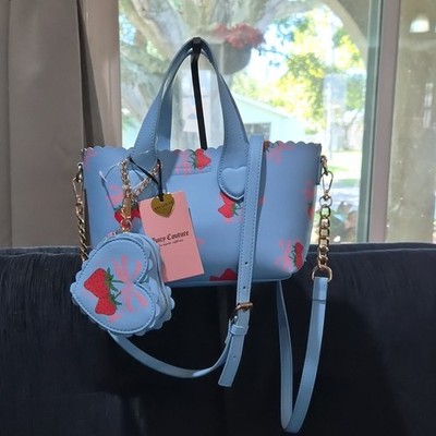 VIRAL Juicy Couture Light Blue Strawberry Heart Tote Bag Chain Strap Coin Purse