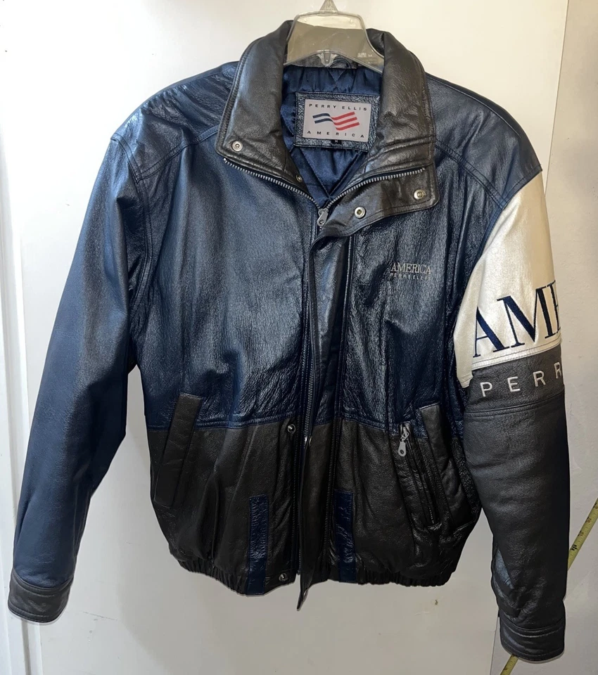 Perry Ellis America Leather Jacket Adult Large Oversized Bomber 90s Colorblock - Image 2 of 4
