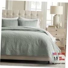 100 Cotton Medallion Stitch Quilt Set, Queen Size Queen 92" x 96" Soft Sea