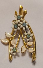 Vintage Wishbone Metal Enamel Flower Brooch Pin Blue Rhinestone Gold Tone Dainty