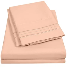 Queen Peach Sheet Set with Straps - Deep Pocket Fitted, Flat, Wrinkle-Free