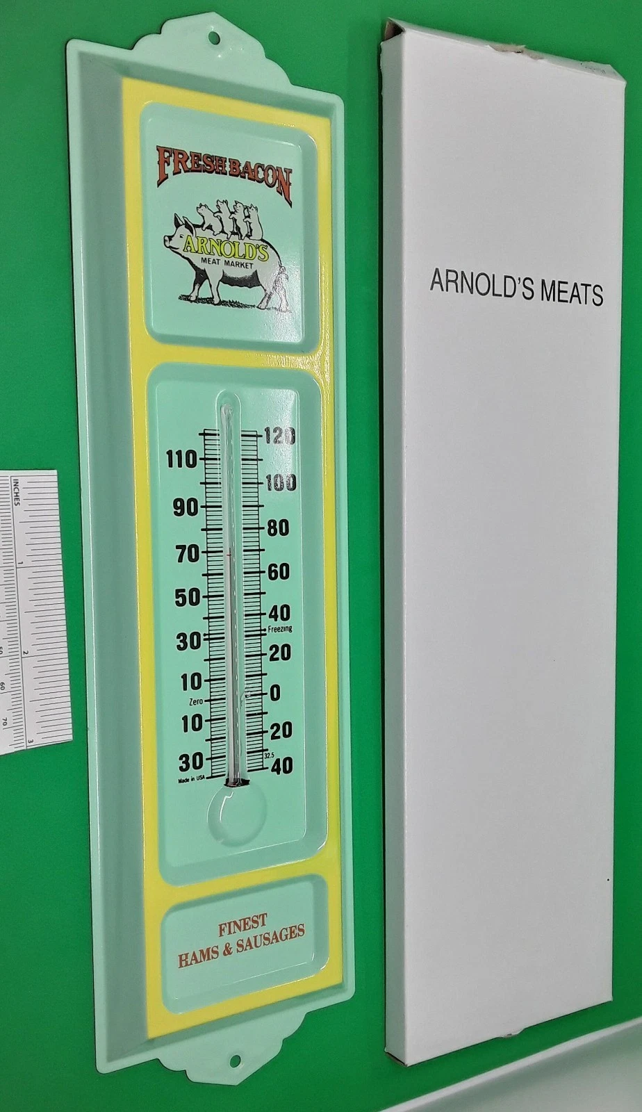 1980s ARNOLD'S MEATS Outdoor Thermometer in Original Box - NOS Metal Farm Pork