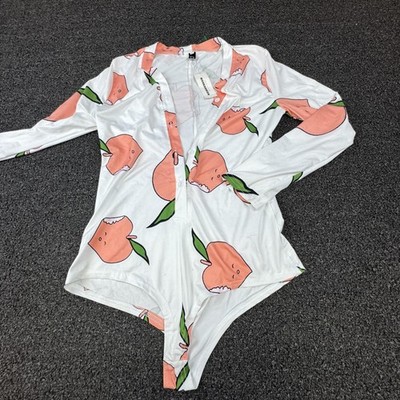 CBR Bodysuit Womens Large White Peach Print Long Sleeve Pajama Peachy Script Fun
