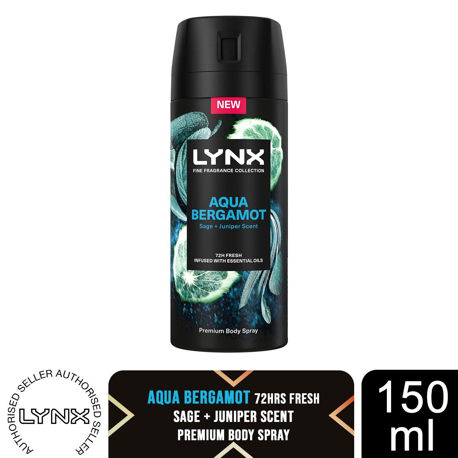 Lynx Fine Fragrance Collection Aqua Bergamot Premium Deodorant Body Spray, 150ml