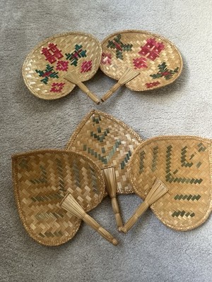 5 x Vintage geflochten Stroh Palmblatt Korb Rattan Handfächer Tiki Boho 14''