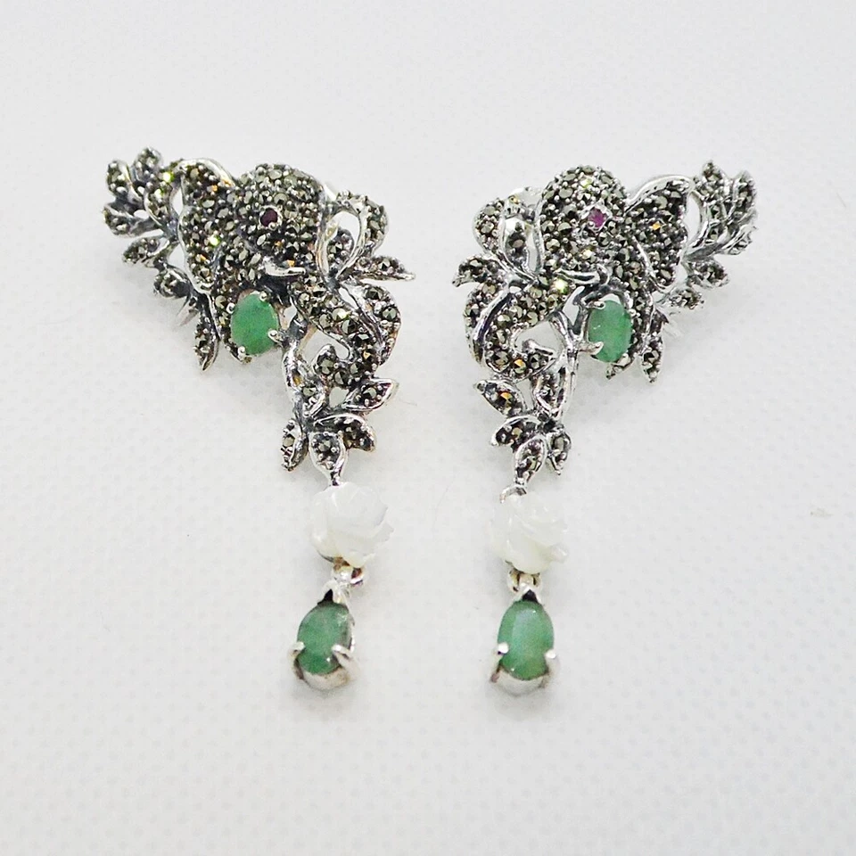 Smaragd Markasit Rubin Perlmutt Ohrhänger ELEFANT 925 Sterlingsilber - Bild 4 von 4