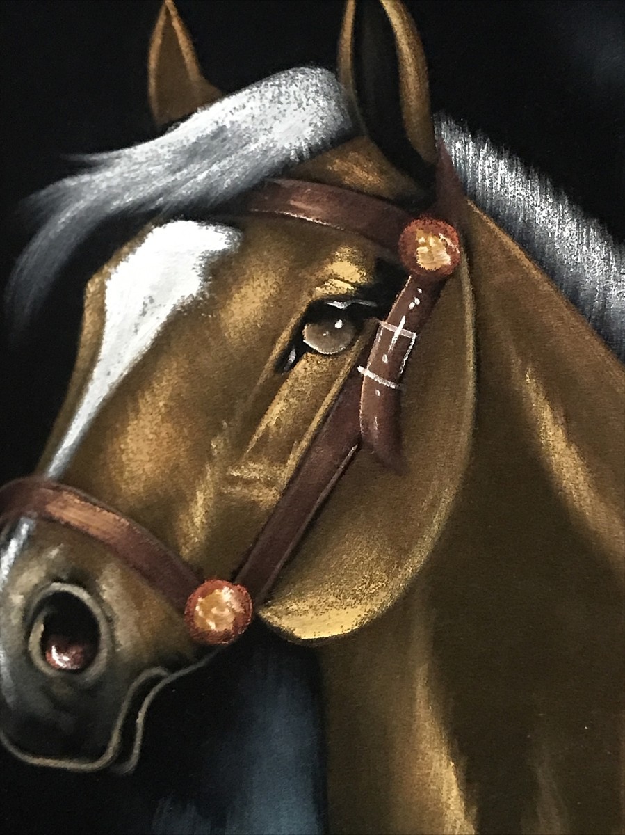 Vintage Velvet Painting Horse Head Framed Rectangular 22 X 13 made