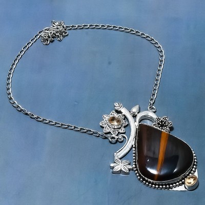 Tigerauge, Citrin Edelstein 925 Sterling Silber Schmuck Halskette 18'' n819