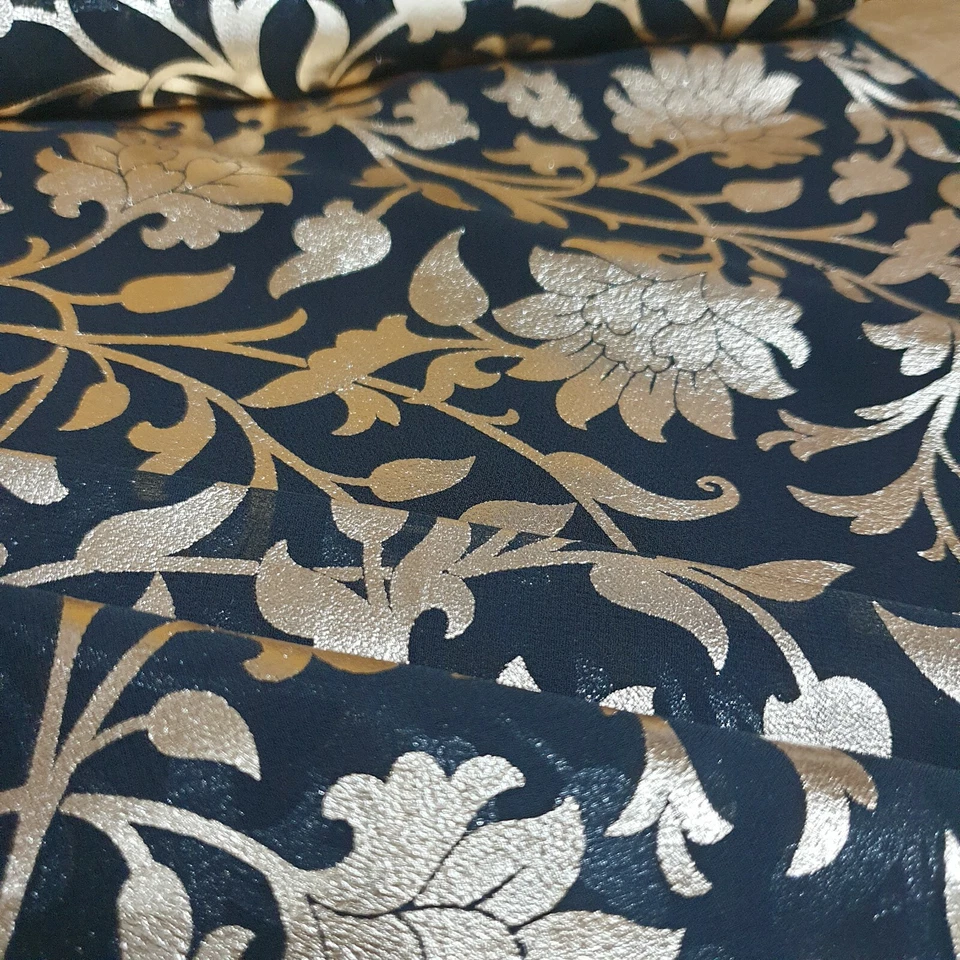 Floral Gold Foil Chiffon Sheer Crepe Material Dress Craft Drape Fabric 44" Meter - Image 2 of 4