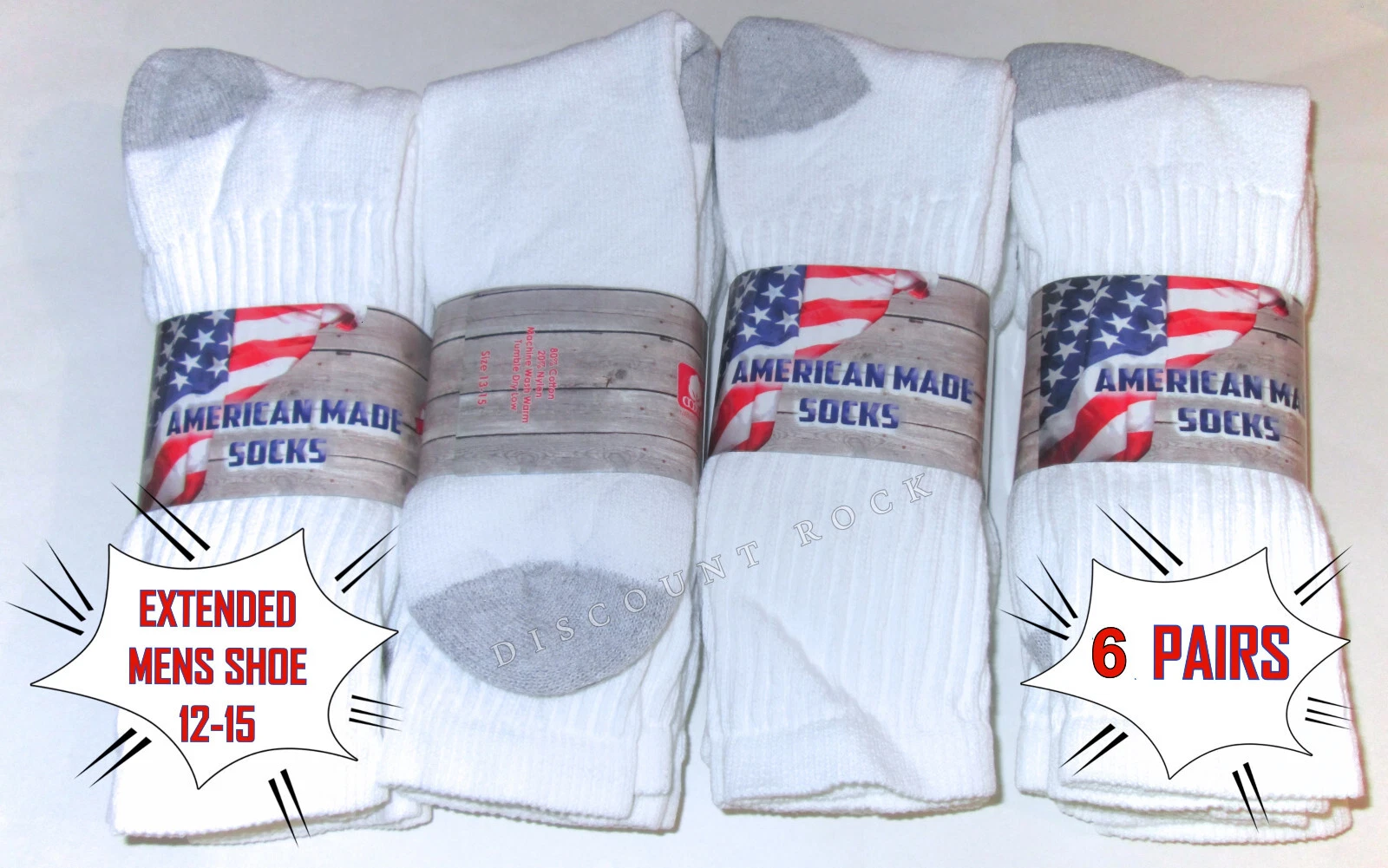6 Pairs Big Mens Extended Size 12-15 Soft Cotton Blend White Crew Socks US Made
Opens in a new windo