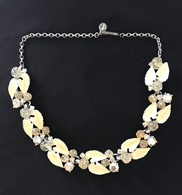 Vintage unmarked Schiaparelli yellow enamel ab rhinestone silver tone necklace
