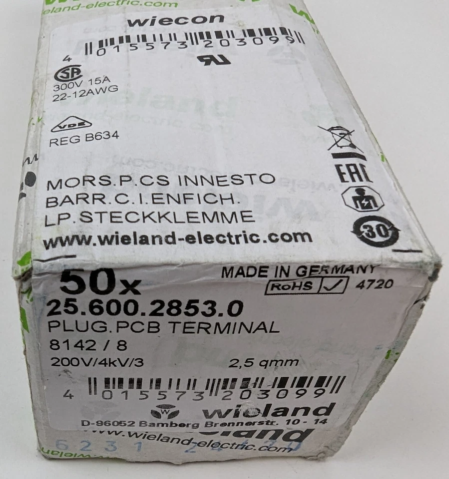 Terminal Block 25.600.2853.0 Wieland 8Position Pluggable 5mm 22-12 AWG 50pcs NEW - Image 4 of 4