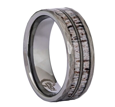 Tungsten Guitar String, Deer Antler Ring, Hammered Finish, 8mm Wedding Band