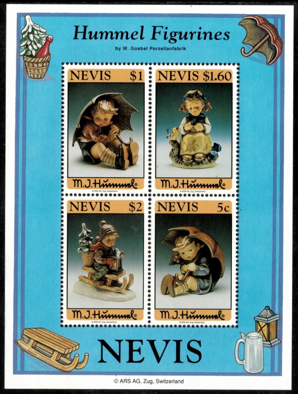 Nevis 1994 - Hummel Figurines Art - Souvenir Stamp Sheet - Scott #845A ...