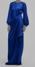 $880 Rickie Freeman for Teri Jon Women's Blue Satin Embellished Gown Dress Sz 10