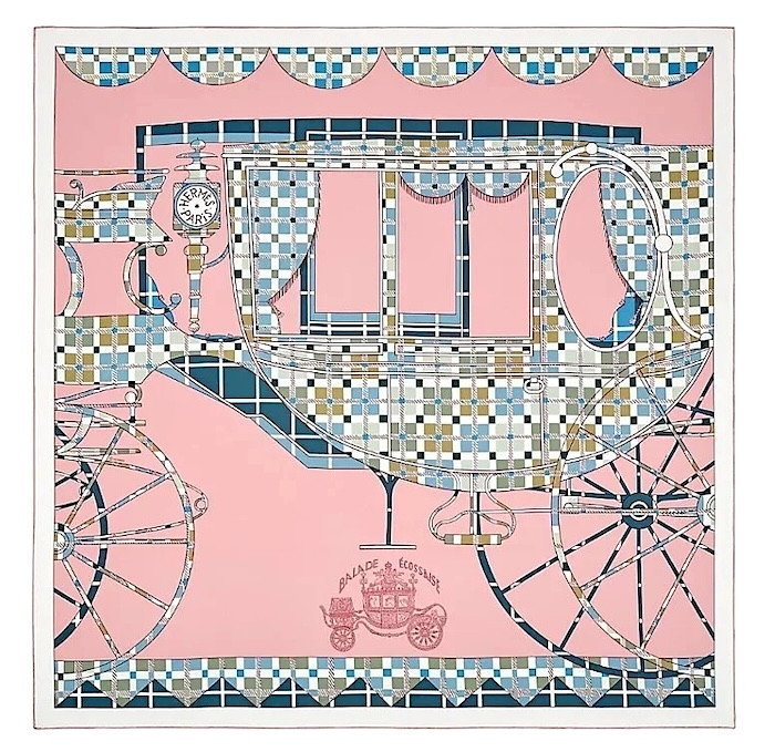 Hermes Scarf Stole Balade Ecossaise Pink Carriage Silk Woman Auth
