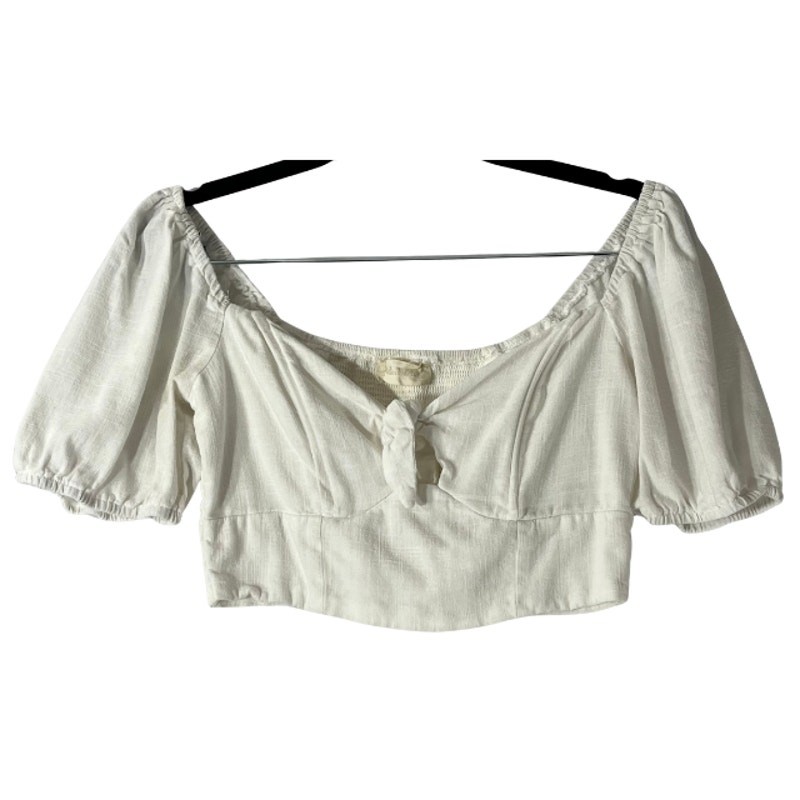 Altard State White Cropped Tie Front Puff Sleeve Smocked Back Top Size S