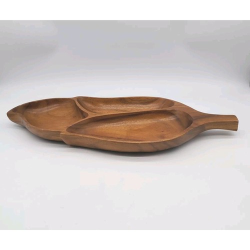 Vintage Alii Woods Leaf Shaped Monkeypod Dish 3 Compartments Hawaii - Picture 4 of 6