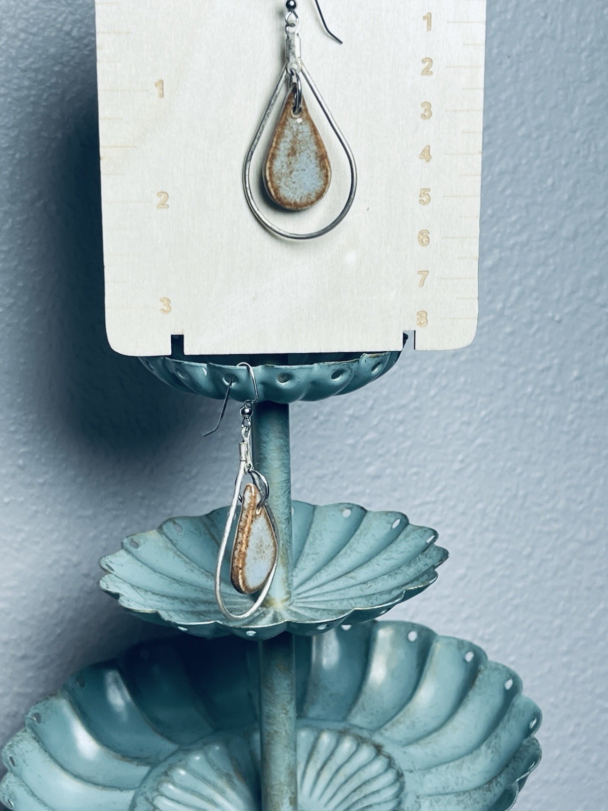 Rustic Double Teardrop Dangle Earrings Ceramic Sp… - image 9