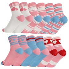 6 Pairs Kids Girls Crew Athletic Socks with Retro 6-10 Years Blue Pink White