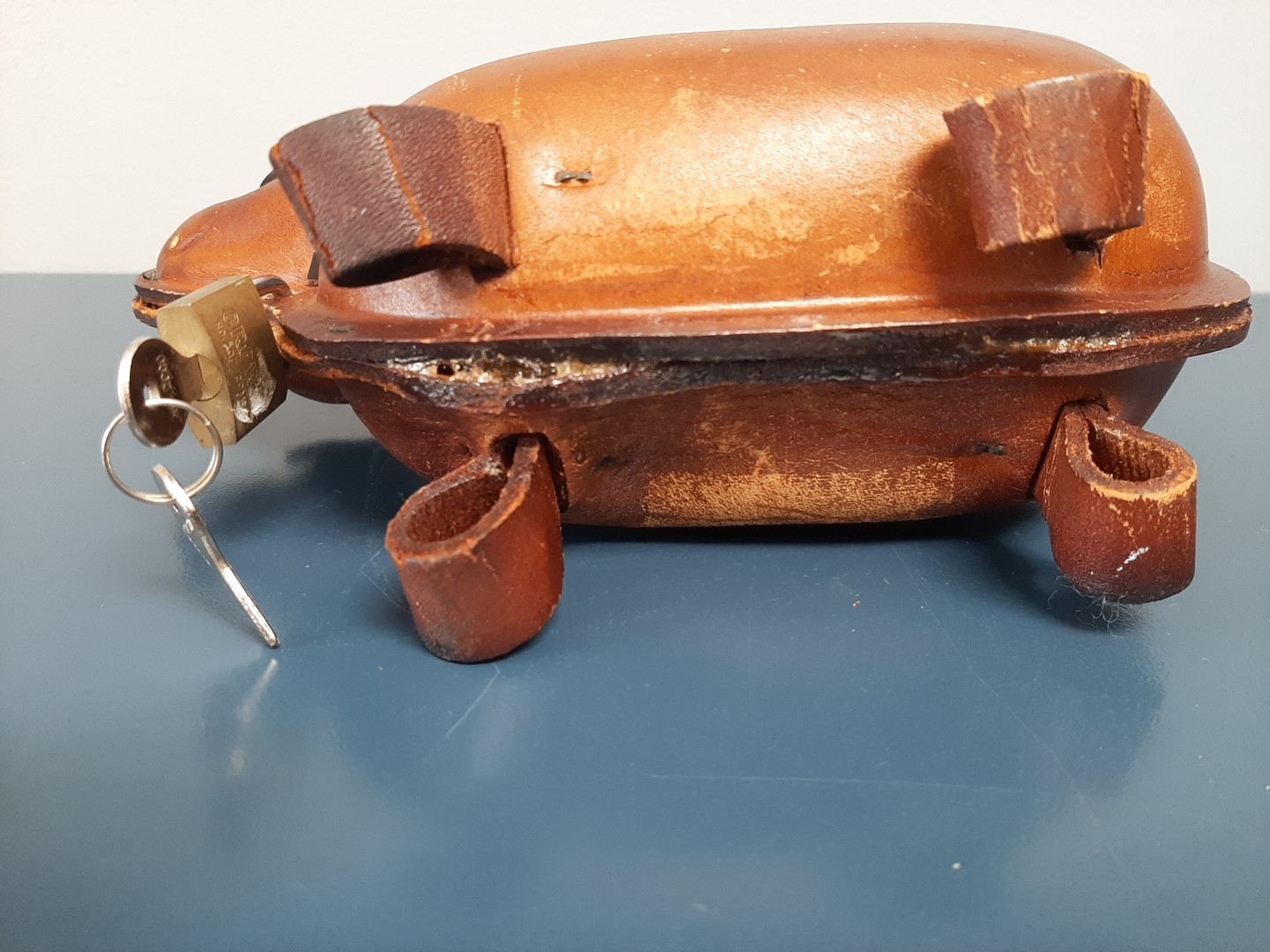 Vintage Mid Century Modern LEATHER DACHSHUND DOG BANK w COLLAR