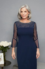 Alex Evenings Navy Beaded Mesh Sheath Dress Sheer 3/4 Bell Sleeves 8