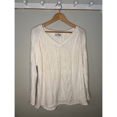 Neon Buddha White Cotton Cable Knit V-Neck Sweater Boho Size Small