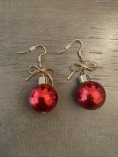 Earrings Christmas Tree Bulb Ornament w/ Bows Gold Tone Red Christmas Holiday