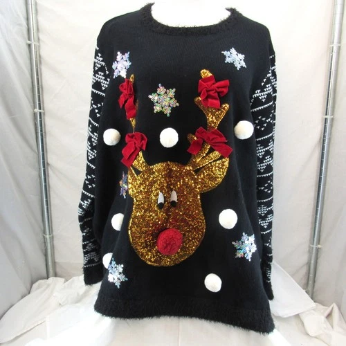 Holiday Time Women's Christmas Sweater Black/Multicolor Long Sleeve Size 3X