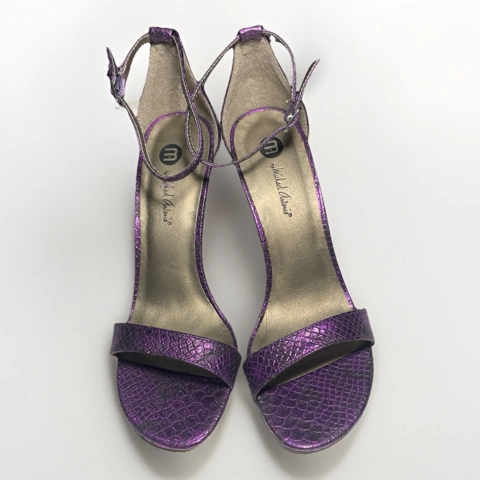 NUEVO Michael Antonio Metálico Púrpura Estampado Piel de Serpiente Correa para el Tobillo Tacones de Aguja Foto 2 de 4