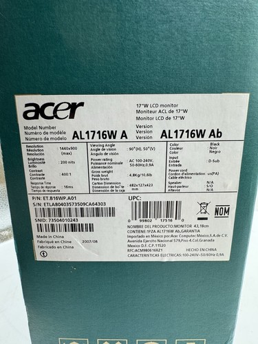 Acer AL1716W 17” Widescreen TFT LCD Black Monitor 1440x900 Open Box - Picture 18 of 18