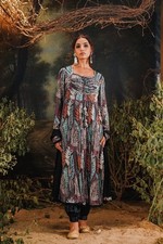 Women  s Printed Anarkali Kurti with Matching Pants   Multicolor Ethnic Dress