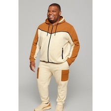 Mens Brown Tan Colorblock Full Zip Hoodie Sweat Suit Sweatpants Lounge Set