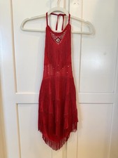 Girls Red Latin Ballroom Dance Dress Size 150 Fringe Rhinestone Costume