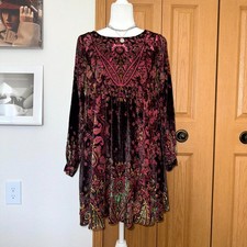 Free People Burnout Velvet Mini Dress Womens XS Multicolor Floral Long Sleeve