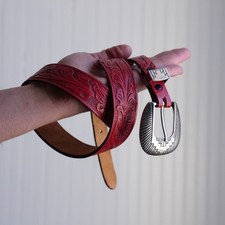 80s red tooled leather western belt