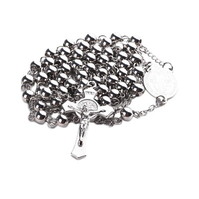 6mm Beads Stainless Steel Saint Benedict and Crucifix Cross Pendant Rosary Ne...