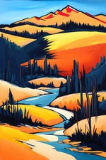 Forest and Mountains Acrylic Painting Art Print - 12 x 18 inches