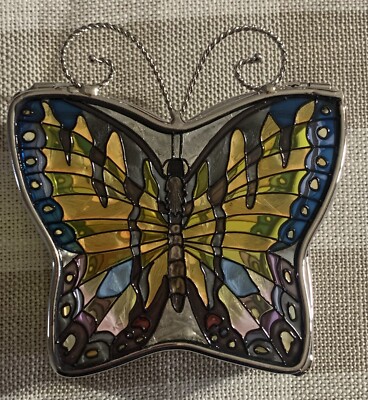Amia Studios Hand Painted Butterfly Stained Glass Mirror Bottom Trinket Box