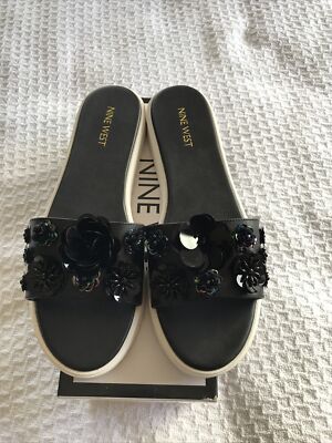 Nine West Women's Black Relly Flowered Slide Casual Sandals Open Toe 10M