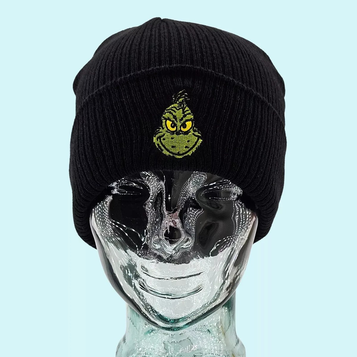 Grinch Hats Beanies Green Black Cuffed Knit Embroidered  display picture 2